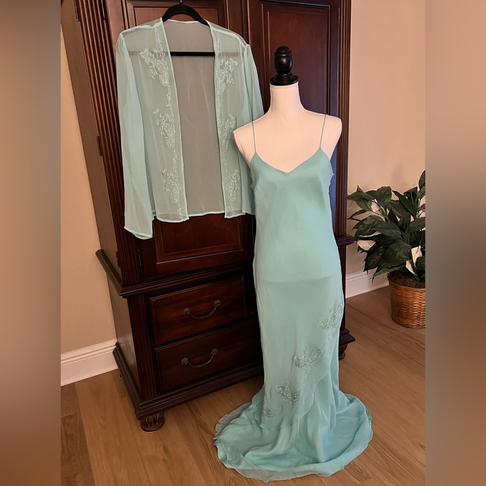 Silk Slip Dress in Tiffany Blue with Sheer Jacket Beaded Size 8 by Scala